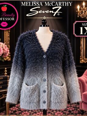💕 💞Melissa McCarthy Seven7 1X Navy Gray Ombré Fuzzy Sparkle Cardigan